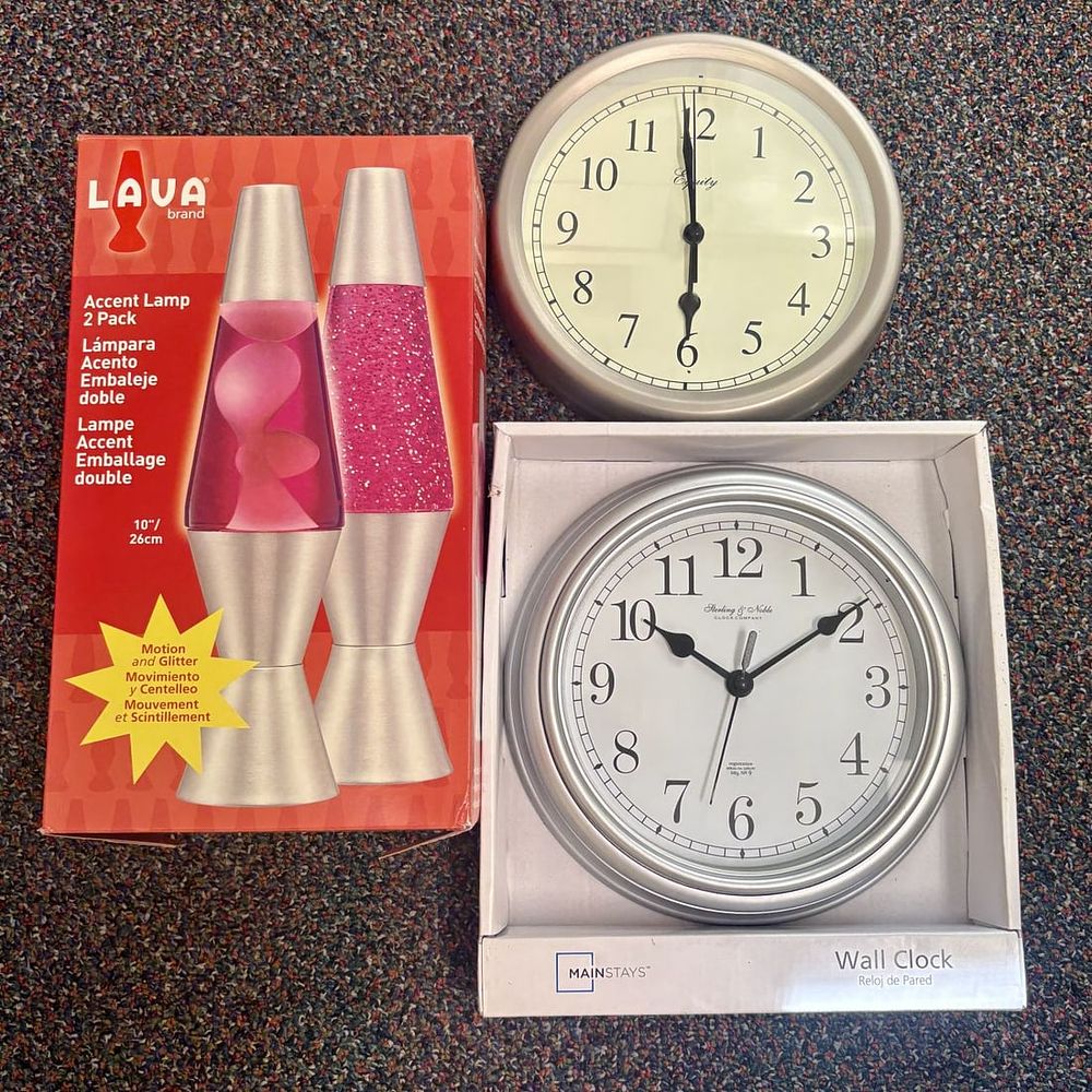 Lot 439: Lava Lamp Set, Mainstays Wall Clock & Equity Wall Clock