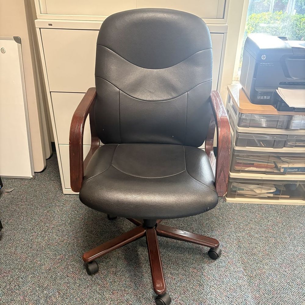 Lot 442: Executive Swivel Office Chair with Mahogany-Finished Wood Frame and Black Upholstery