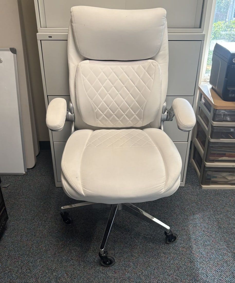 Lot 443: White Contemporary High-Back Executive Office Chair with Chrome-Finished Base