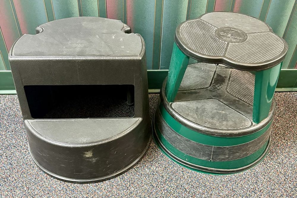 Lot 467: Two Utility Step Stools Including a Cramer Kik-Step Rolling Stool and a Molded Plastic Step Stool
