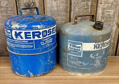 Two Blue Grass Belknap Inc. Steel 5 Gallon Kerosene Cans. Two vintage cylindrical steel kerosene 