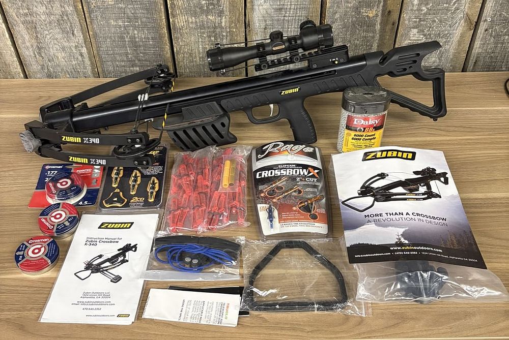 Lot 257: Zubin ZX-340 Dual-Projectile Compound Crossbow System with Scope and Accessories
