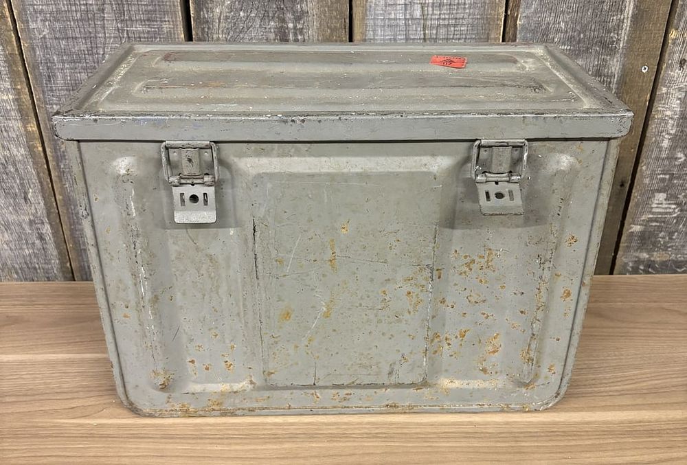 Lot 265: Vintage Industrial Steel Storage Trunk with Latch Closures