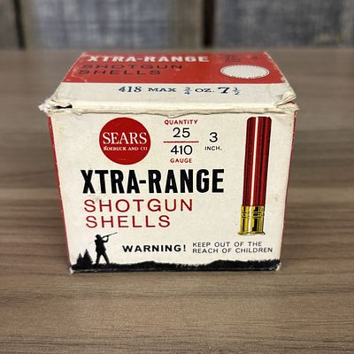 A Full Box of Twenty-Five Vintage Sears Roebuck and Co. Xtra-Range 410 Gauge Shotgun Shells. A 