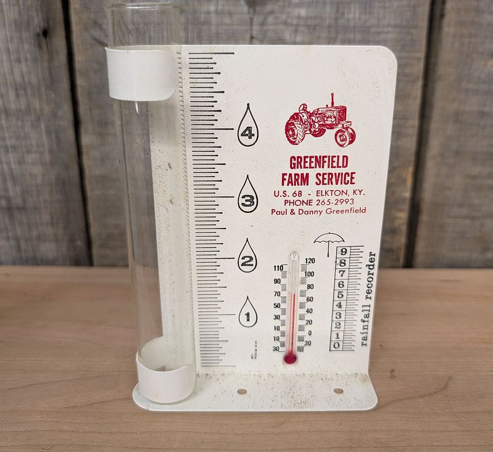 Lot 378: Vintage Mayco Rain Gauge with Rainfall Recorder and Thermometer Greenfield Farm Service Advertisement