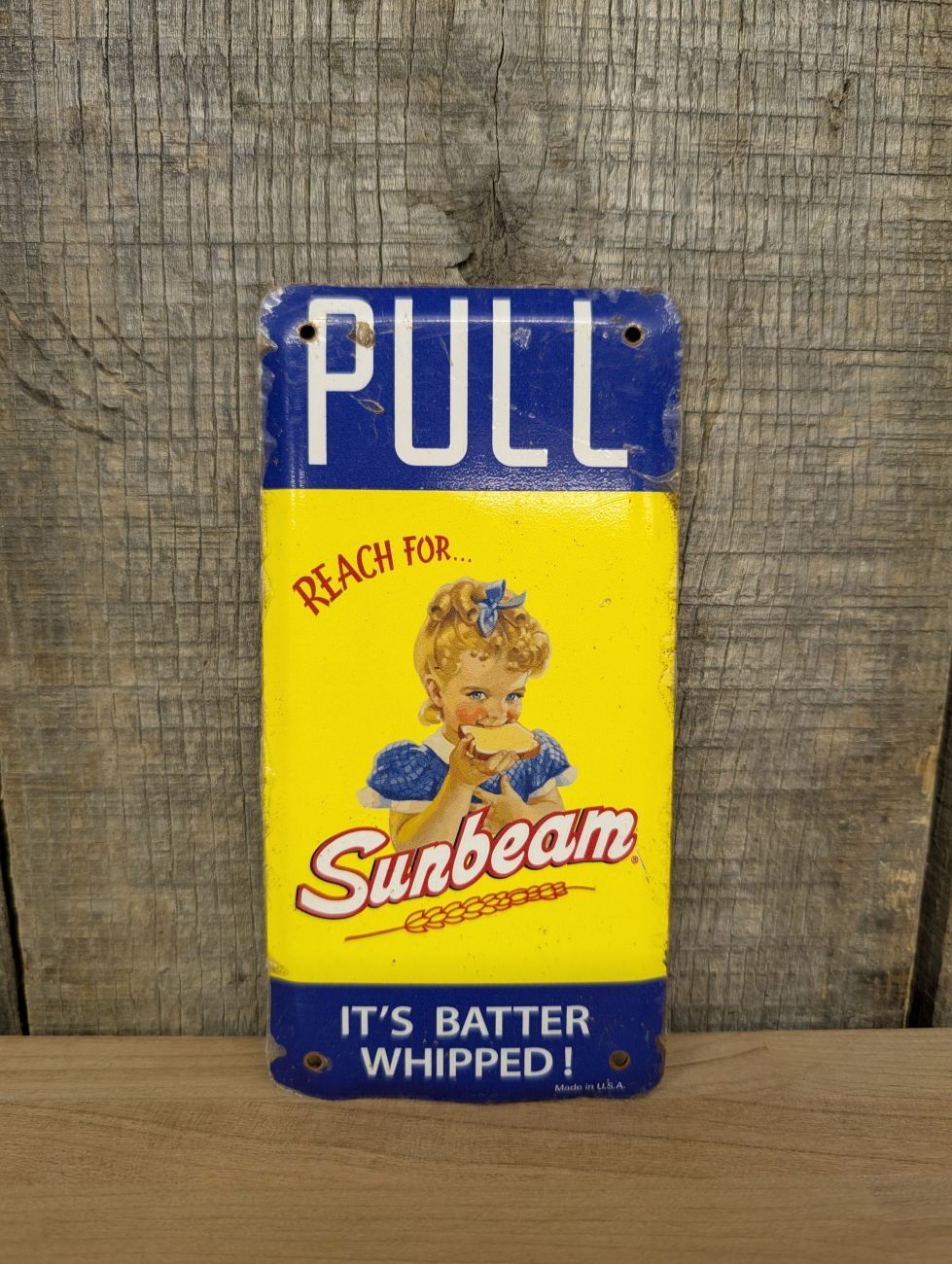 Lot 380: Vintage Sunbeam Bread Porcelain Enameled Metal Door Push Sign