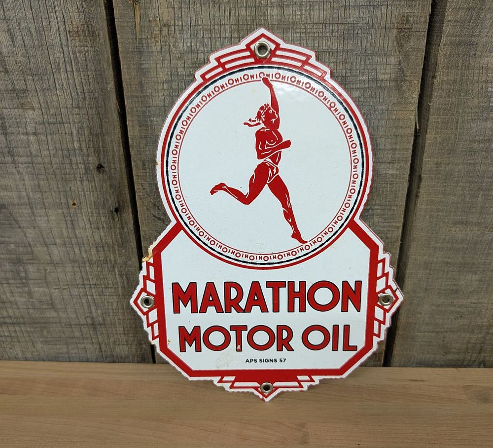 Lot 382: APS Signs 57 Marathon Motor Oil Die-Cut Porcelain Enamel Advertising Sign
