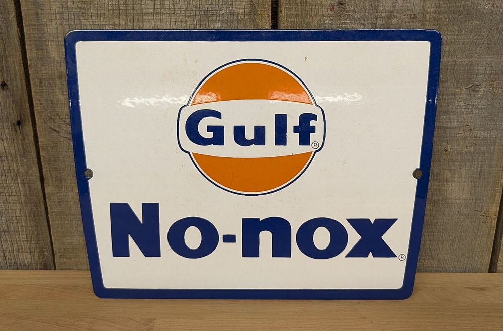 Lot 385: Gulf No-nox Porcelain Enamel Gas Pump Plate Sign