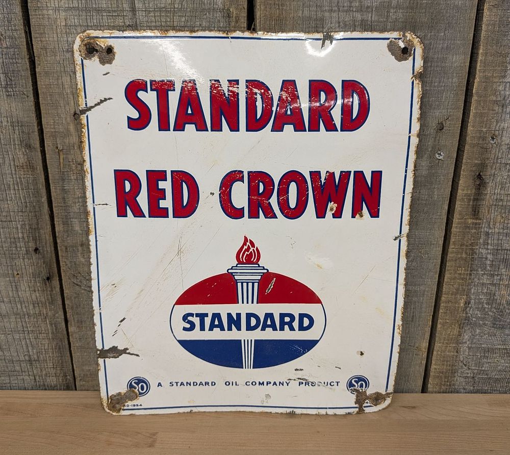 Lot 386: Standard Red Crown Porcelain Enamel Gas Pump Plate Sign dated 1954