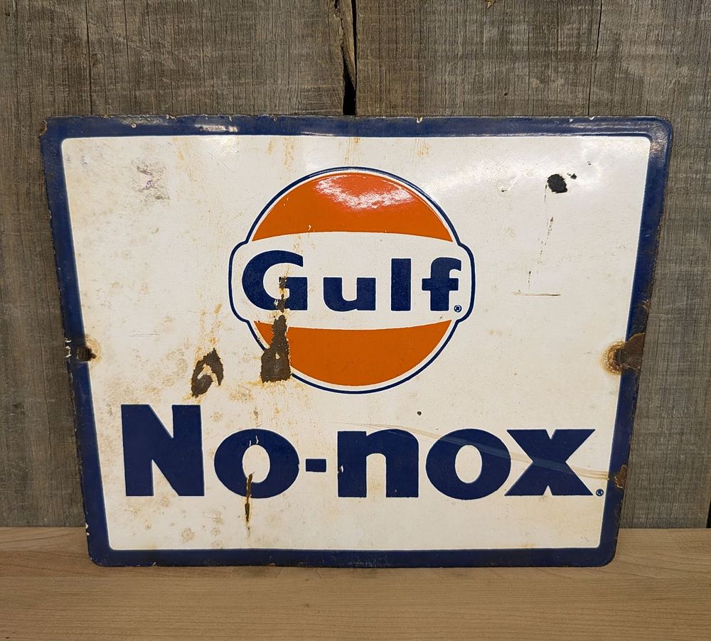 Lot 394: Gulf No-nox Porcelain Enamel Gas Pump Plate