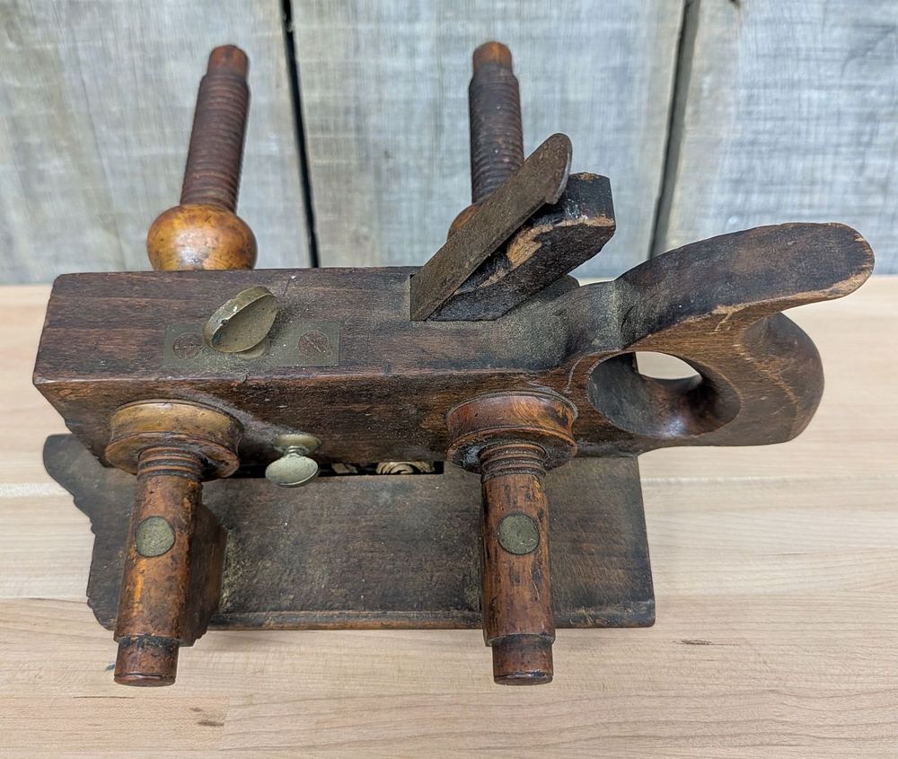 Lot 410: Antique Wood and Brass Handled Screw Arm Plow Plane
