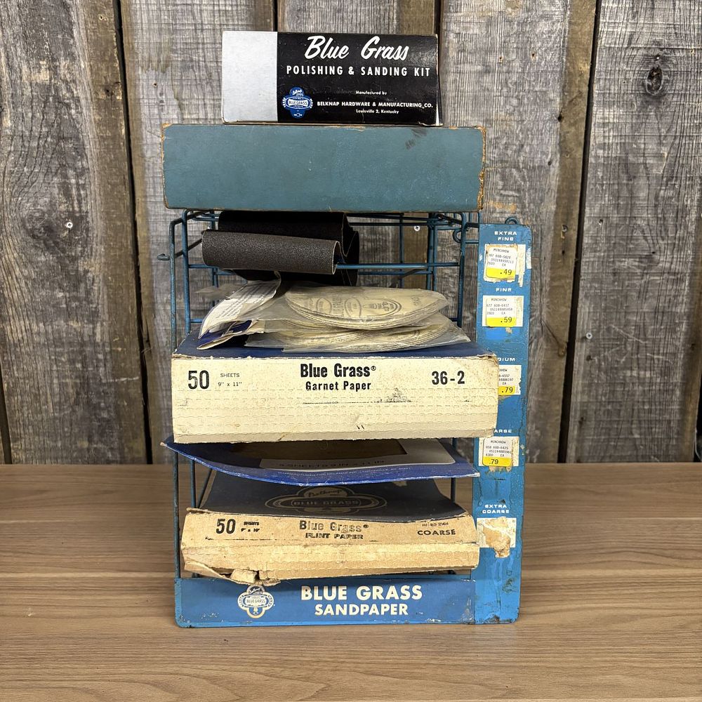 Lot 425: A Collection of Vintage Blue Grass Sandpaper Store Displays and Abrasives