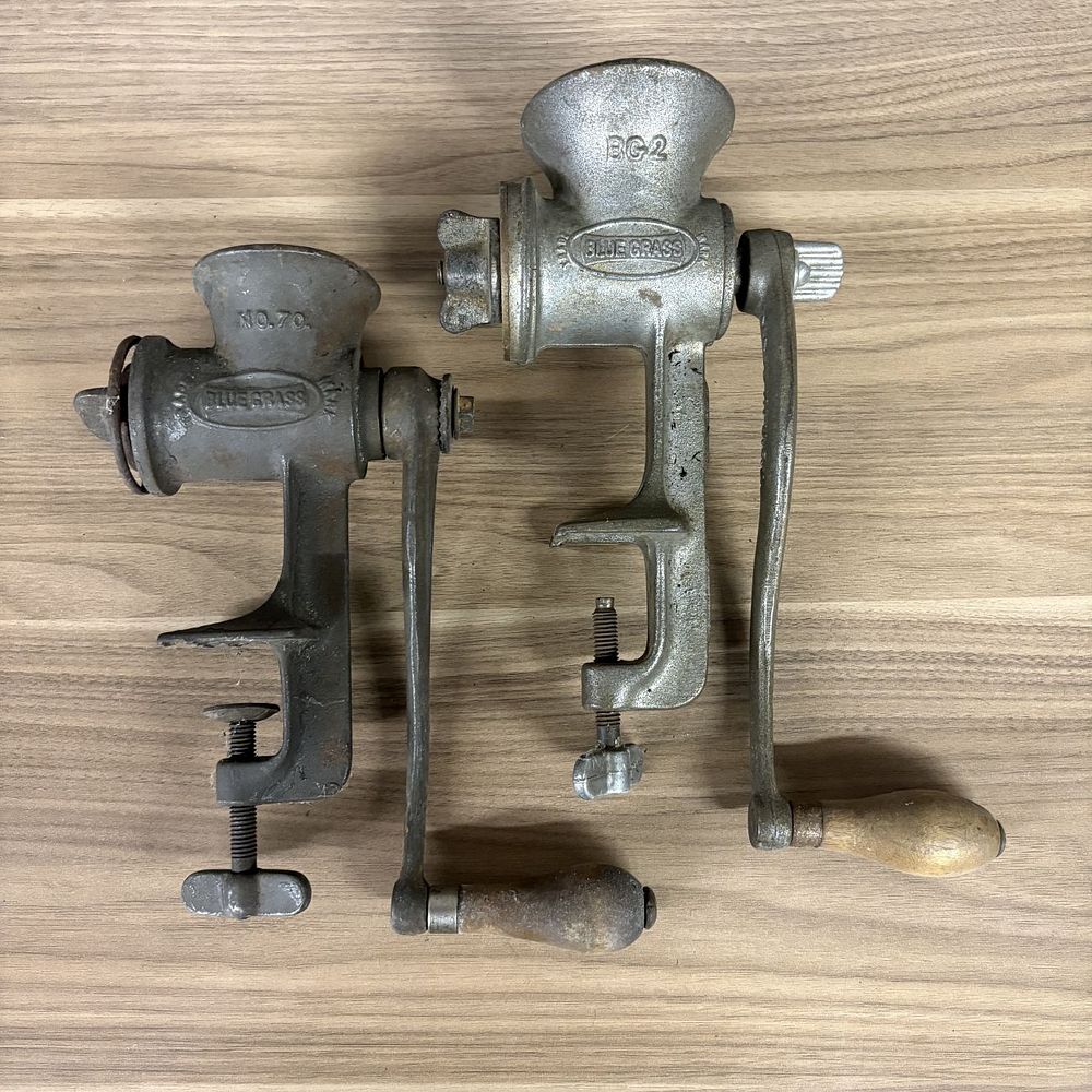 Lot 431: Two Belknap Blue Grass Cast Metal Hand Crank Meat Grinders