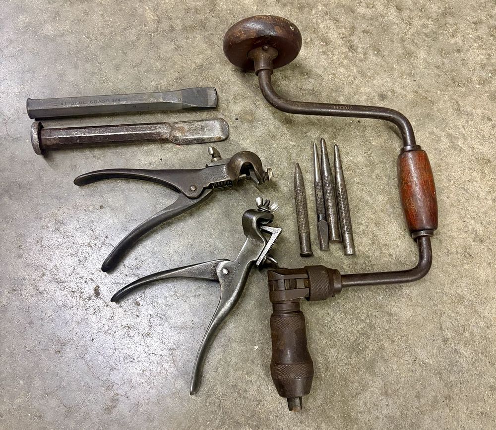 Lot 469: An Assortment of Vintage Steel and Wood Hand Tools Including Blue Grass Chisels and Cyclone Brace