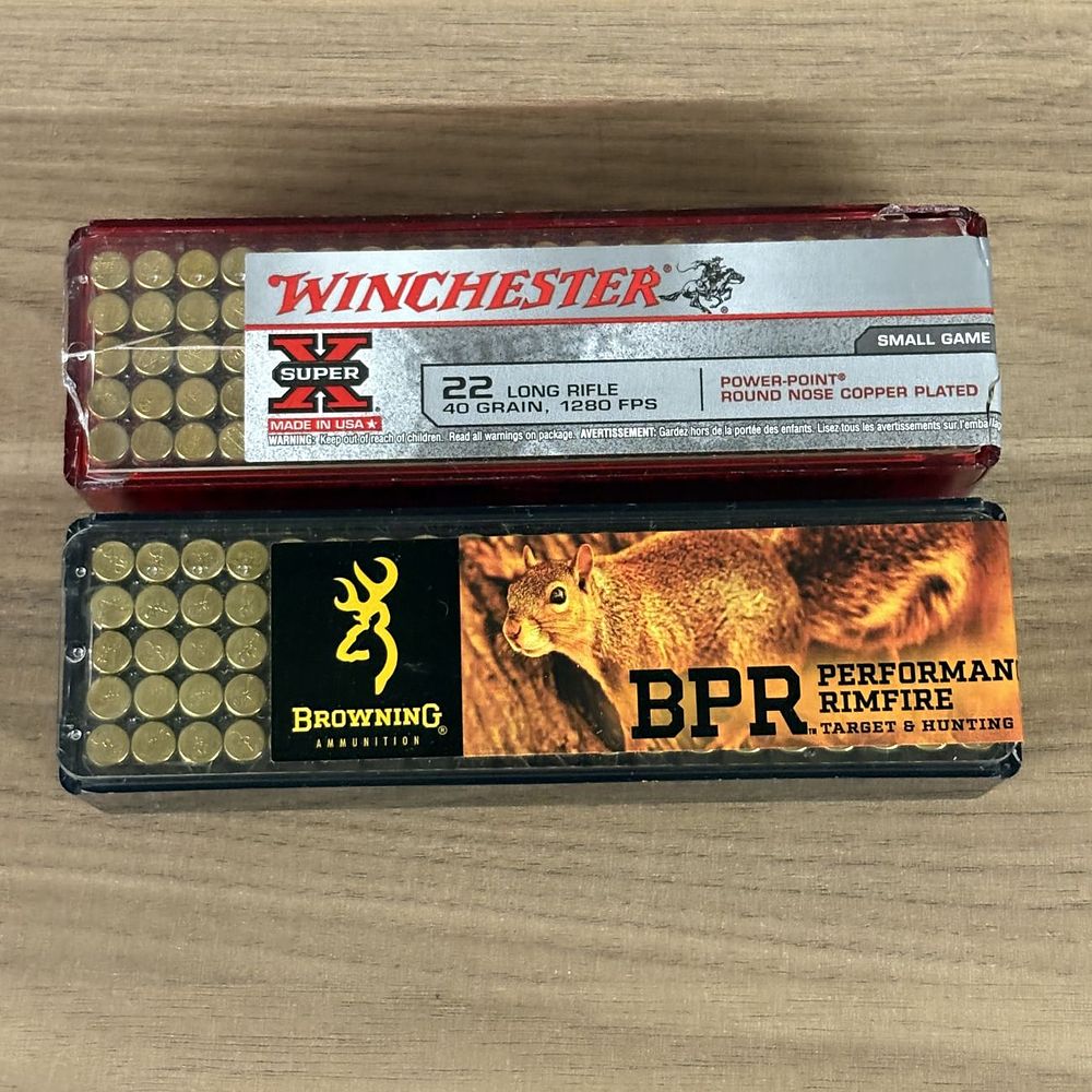 Lot 552: Two Boxes of Winchester and Browning 22 Long Rifle Rimfire Ammunition