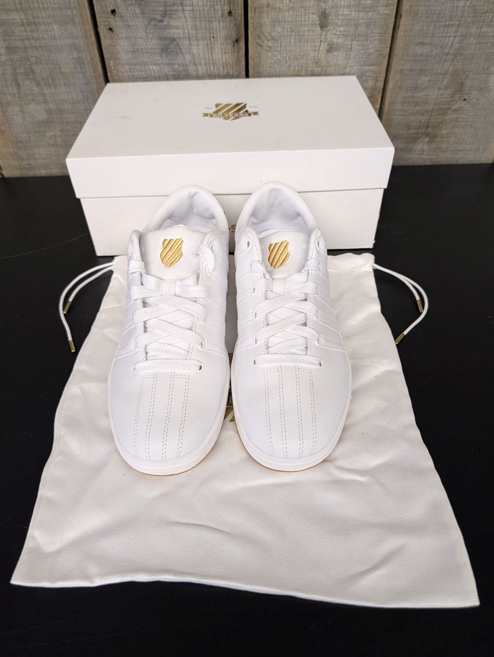 Lot 742: A Pair of K-Swiss Classic 66 50th Anniversary Edition White Leather Sneakers Size 10.5