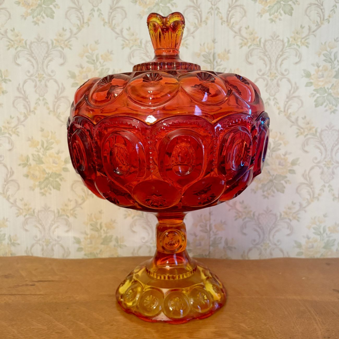 Large Amberina Moon and Star Glass Lidded Pedestal Compote