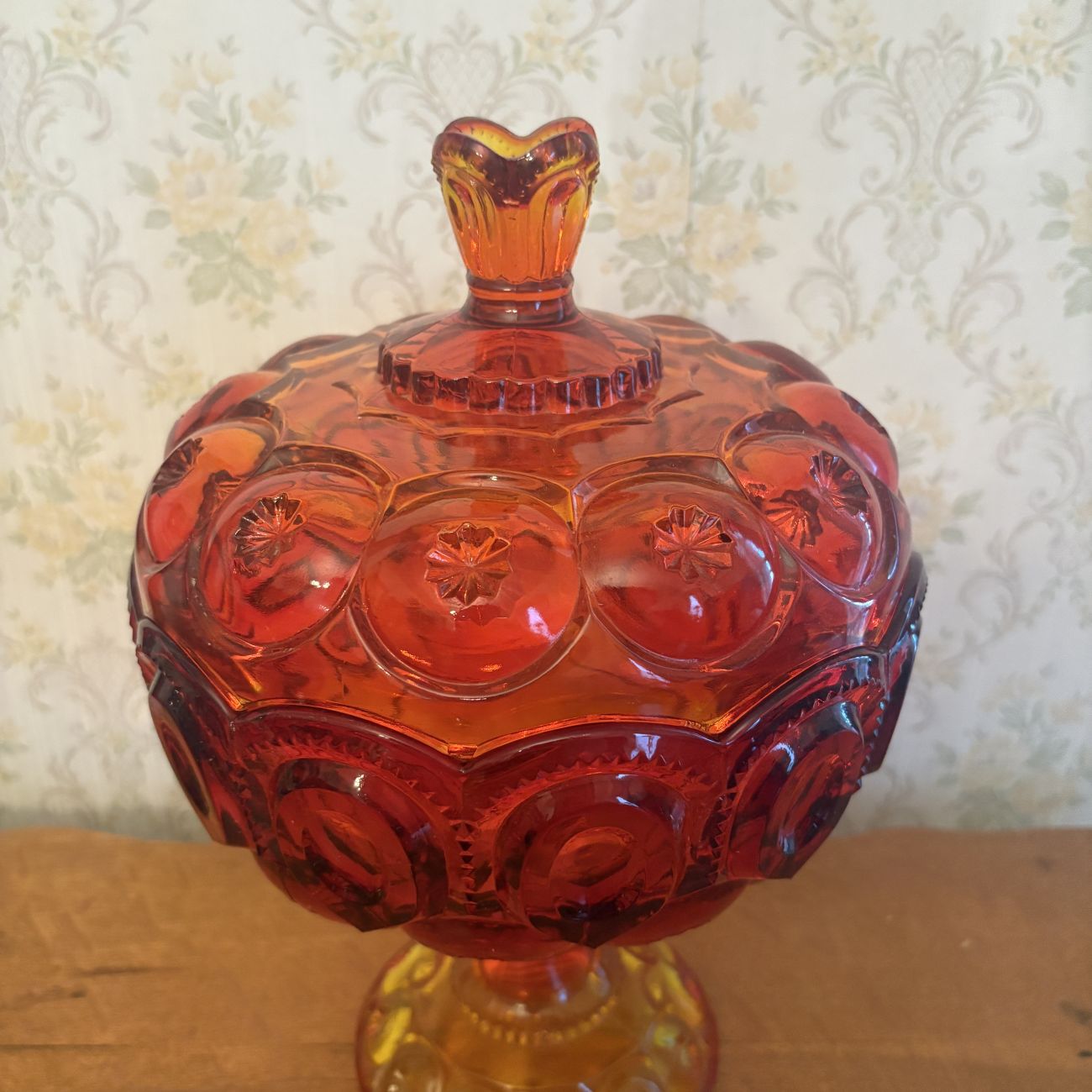 Large Amberina Moon and Star Glass Lidded Pedestal Compote