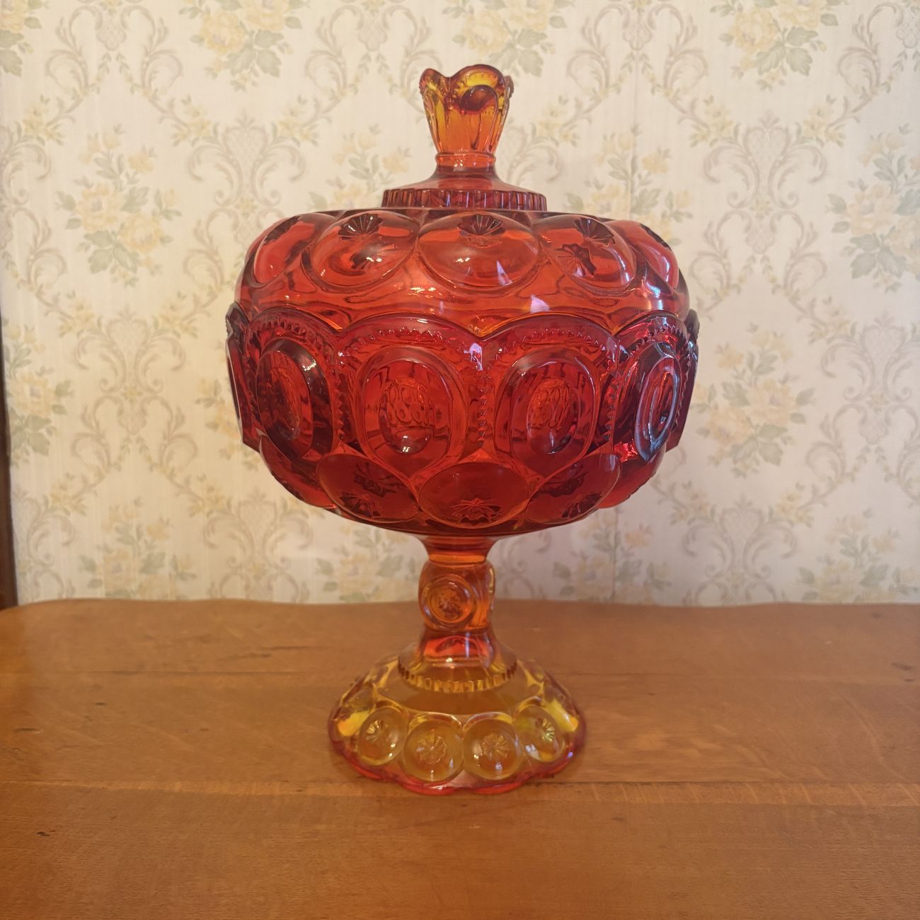 Large Amberina Moon and Star Glass Lidded Pedestal Compote