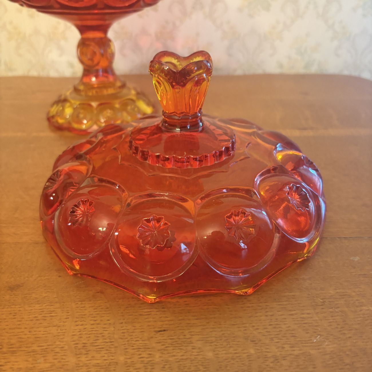 Large Amberina Moon and Star Glass Lidded Pedestal Compote