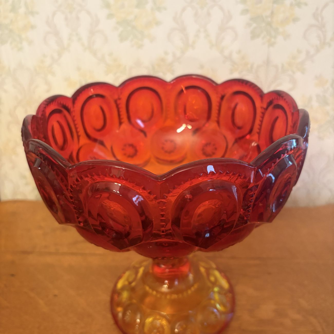 Large Amberina Moon and Star Glass Lidded Pedestal Compote