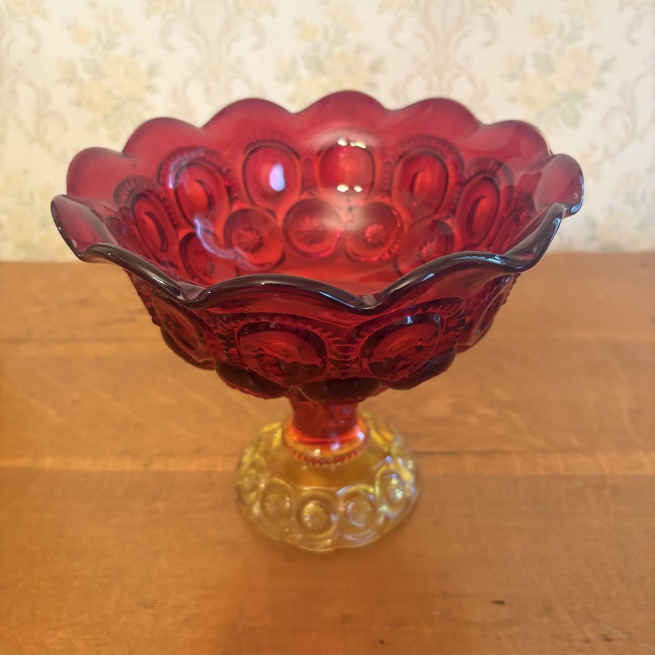 Amberina Moon and Star Pattern Pressed Glass Pedestal Compote