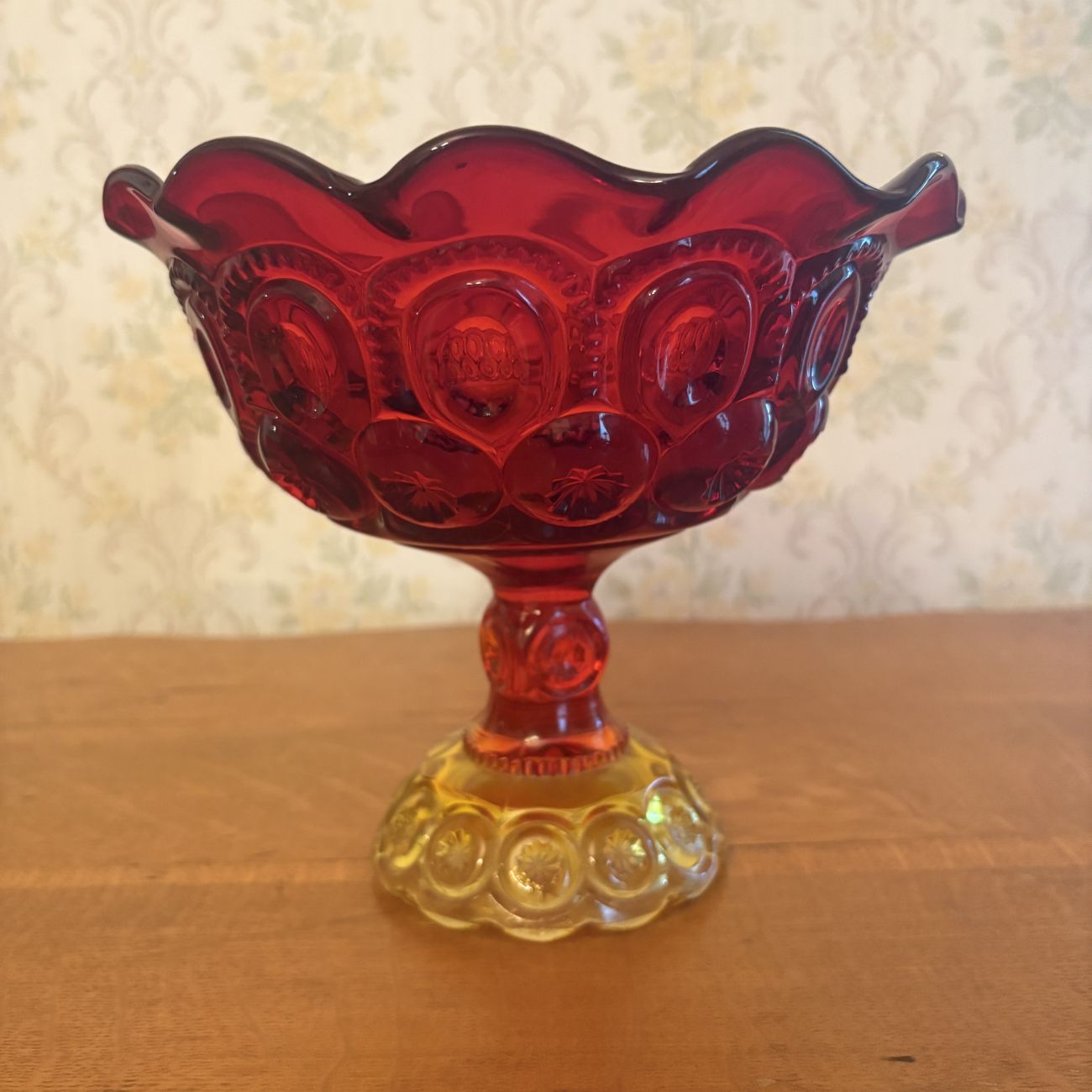 Amberina Moon and Star Pattern Pressed Glass Pedestal Compote