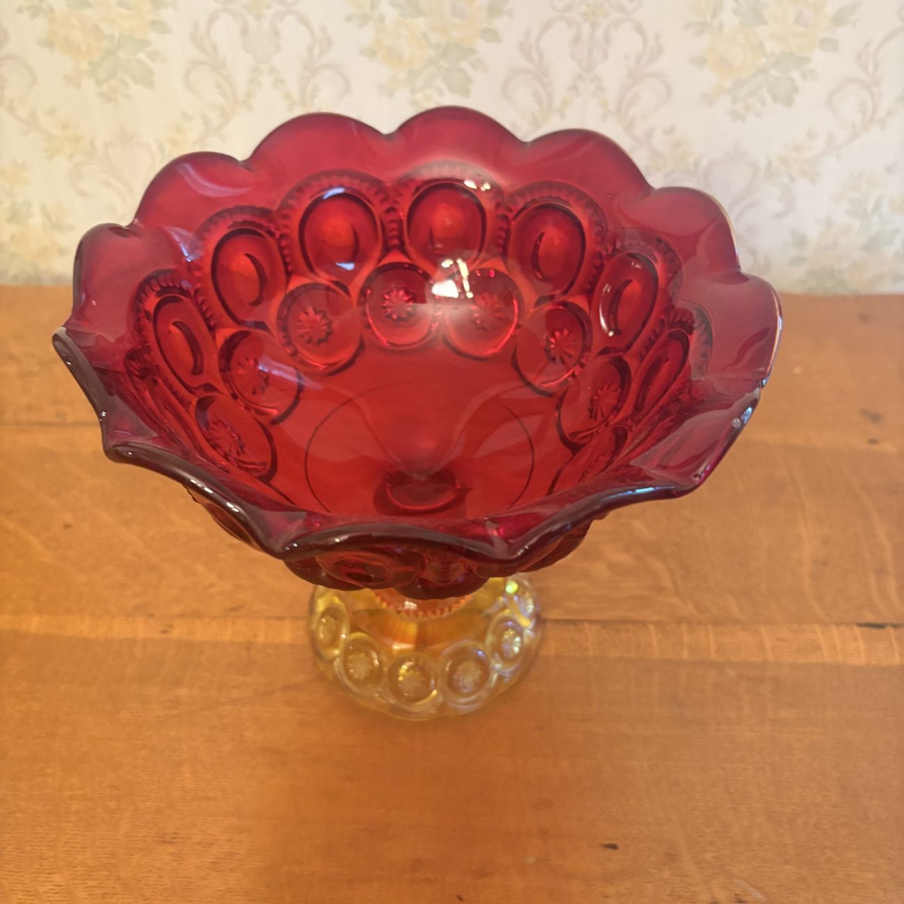 Amberina Moon and Star Pattern Pressed Glass Pedestal Compote