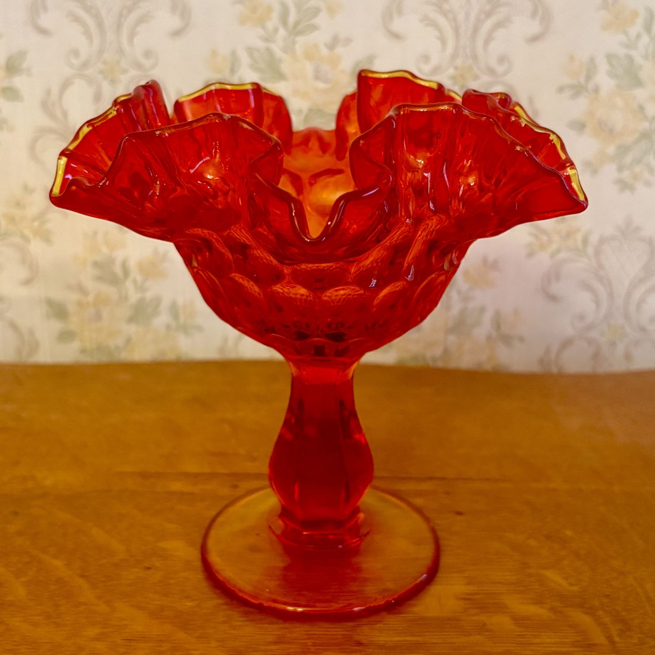 Vintage Amberina Glass Ruffled Thumbprint Pedestal Compote