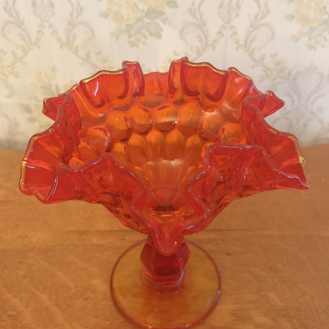 Vintage Amberina Glass Ruffled Thumbprint Pedestal Compote