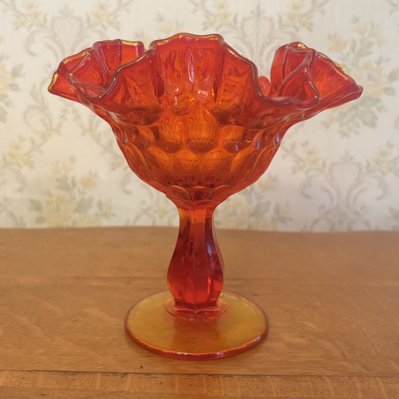 Vintage Amberina Glass Ruffled Thumbprint Pedestal Compote