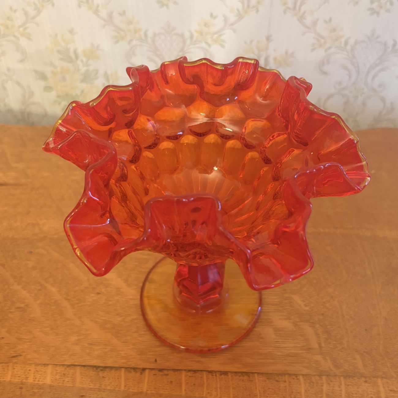 Vintage Amberina Glass Ruffled Thumbprint Pedestal Compote