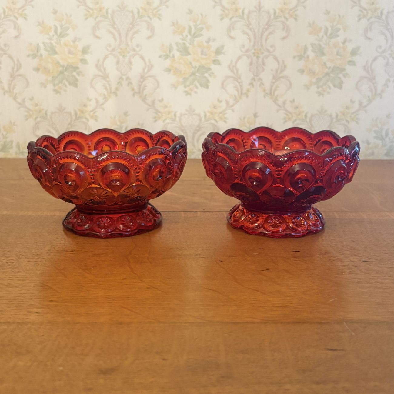 A Pair of Amberina Glass Moon and Star Pattern Table Articles