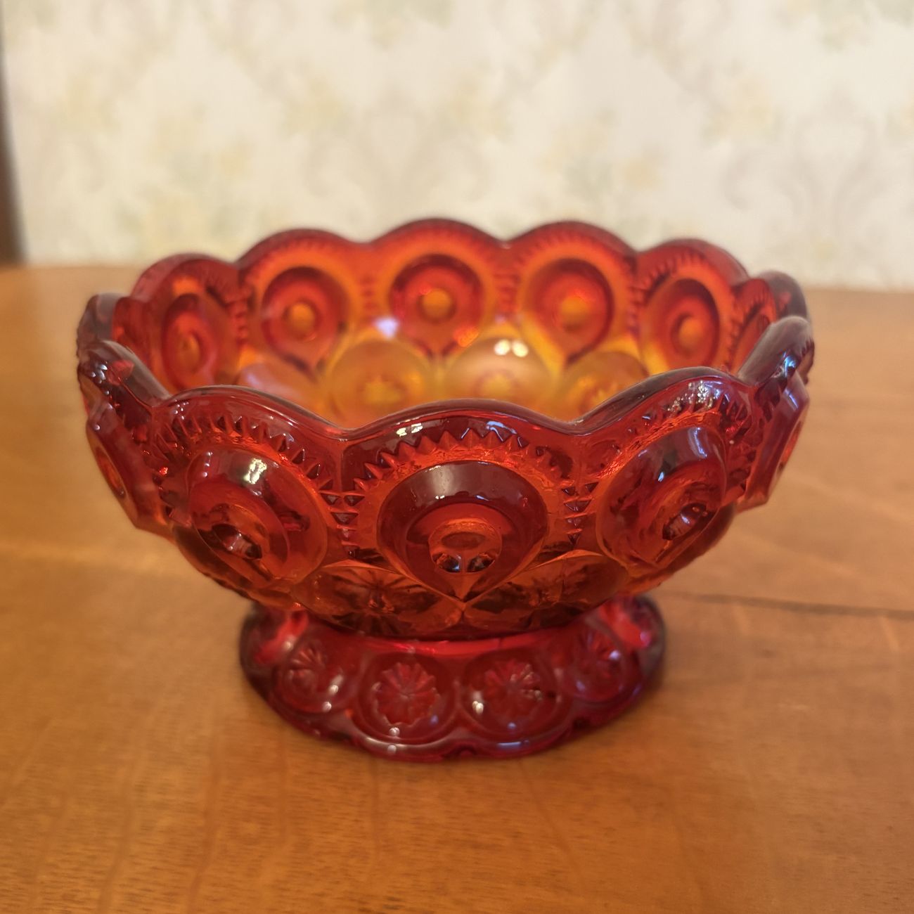 A Pair of Amberina Glass Moon and Star Pattern Table Articles