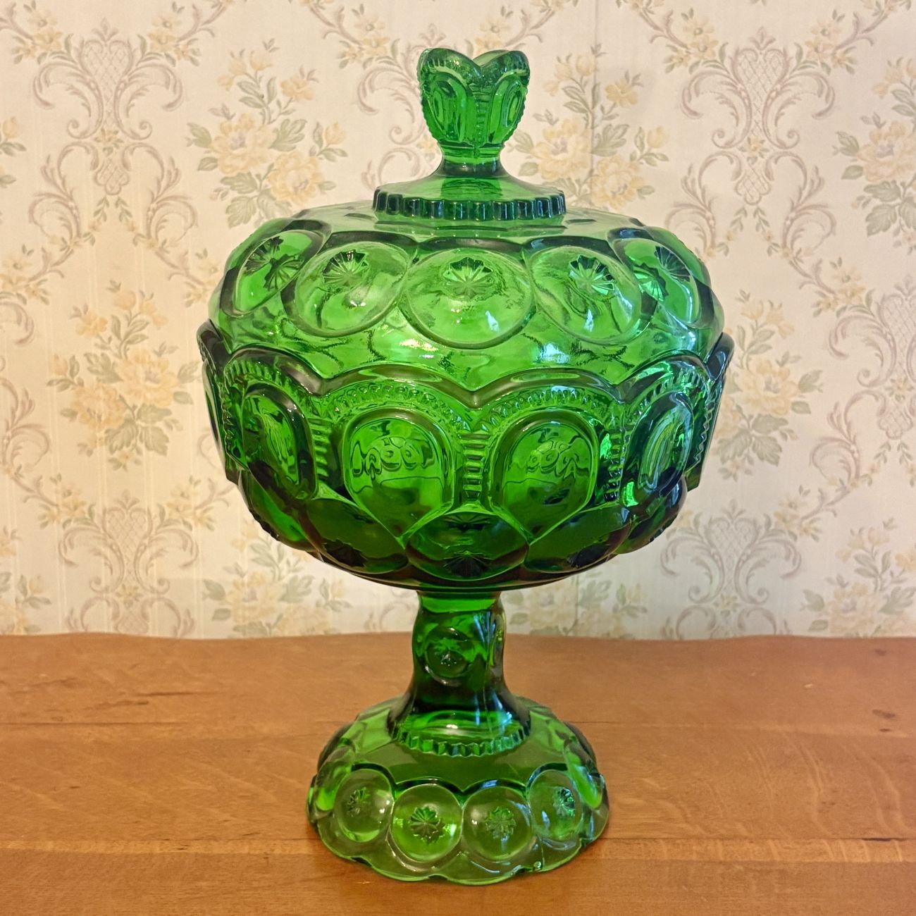 Emerald Green Moon and Star Pattern Pressed Glass Pedestal Compote with Lid