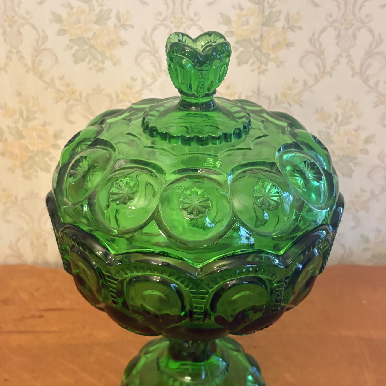 Emerald Green Moon and Star Pattern Pressed Glass Pedestal Compote with Lid