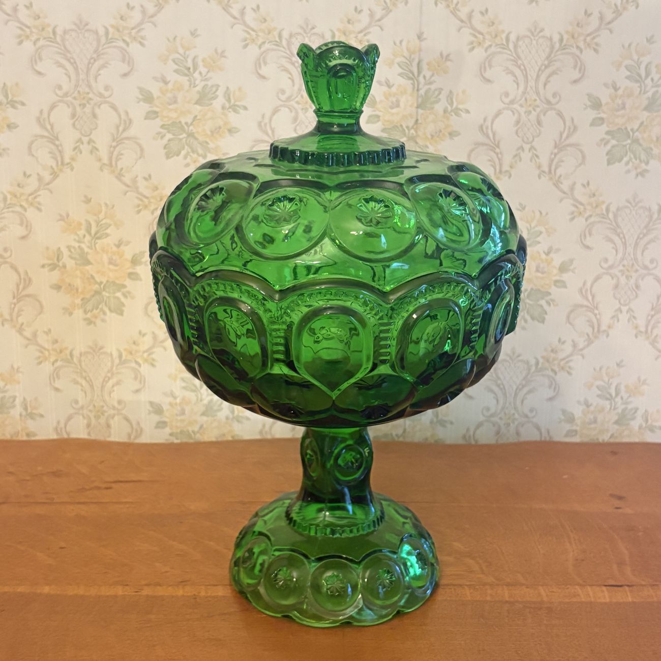 Emerald Green Moon and Star Pattern Pressed Glass Pedestal Compote with Lid