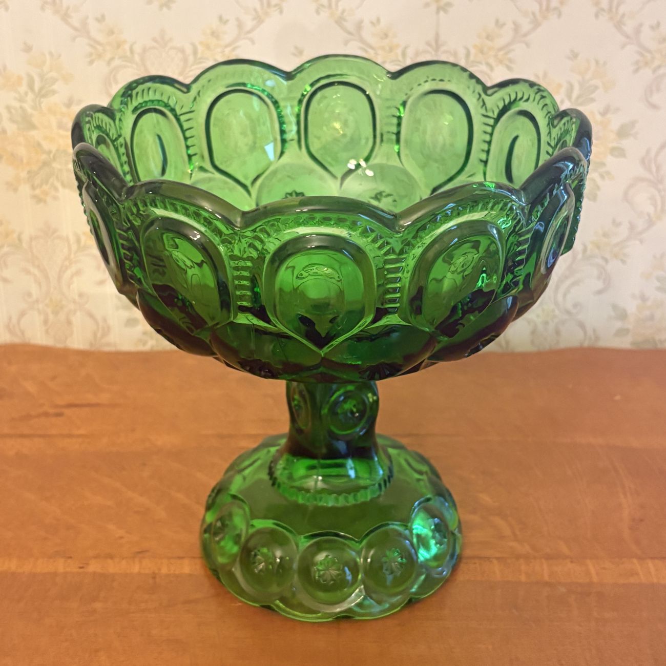 Emerald Green Moon and Star Pattern Pressed Glass Pedestal Compote with Lid