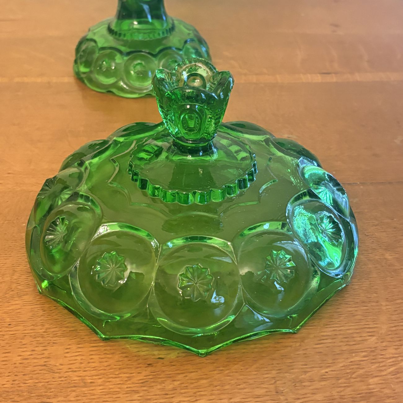 Emerald Green Moon and Star Pattern Pressed Glass Pedestal Compote with Lid