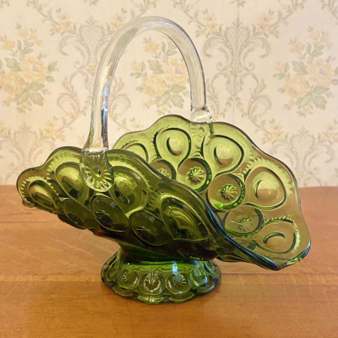 Vintage Olive Green Pressed Glass Moon and Star Pattern Basket with Applied Clear Handle