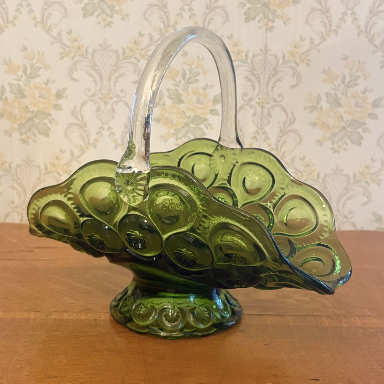 Vintage Olive Green Pressed Glass Moon and Star Pattern Basket with Applied Clear Handle