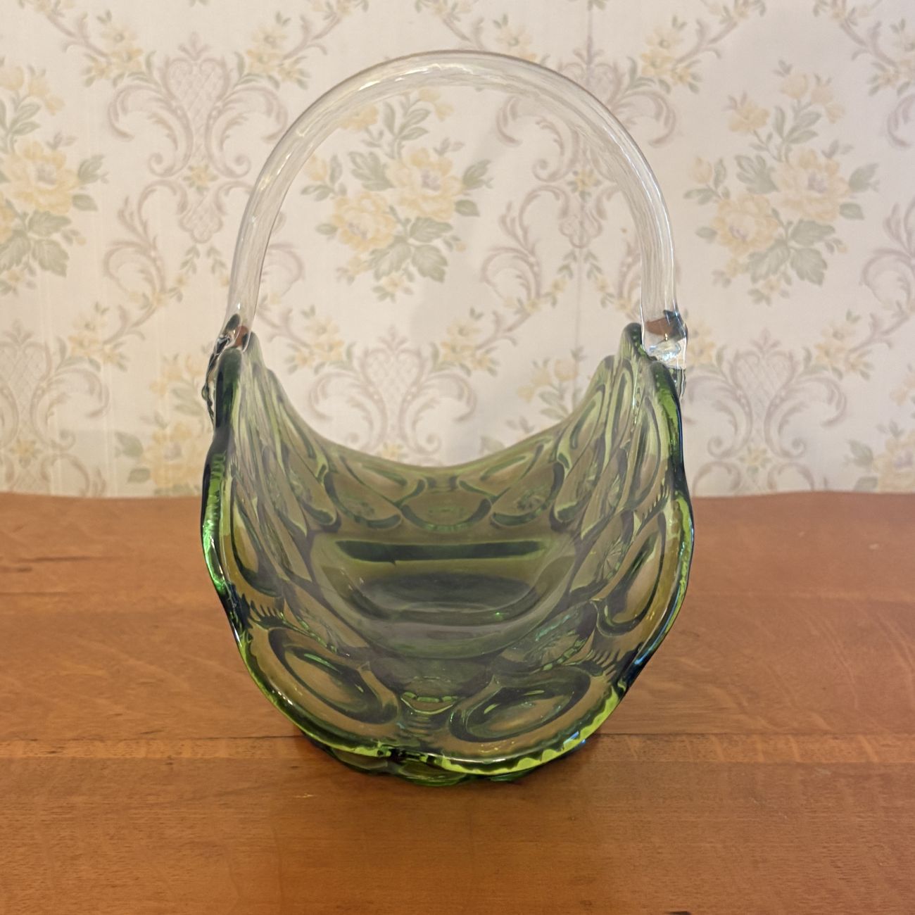 Vintage Olive Green Pressed Glass Moon and Star Pattern Basket with Applied Clear Handle