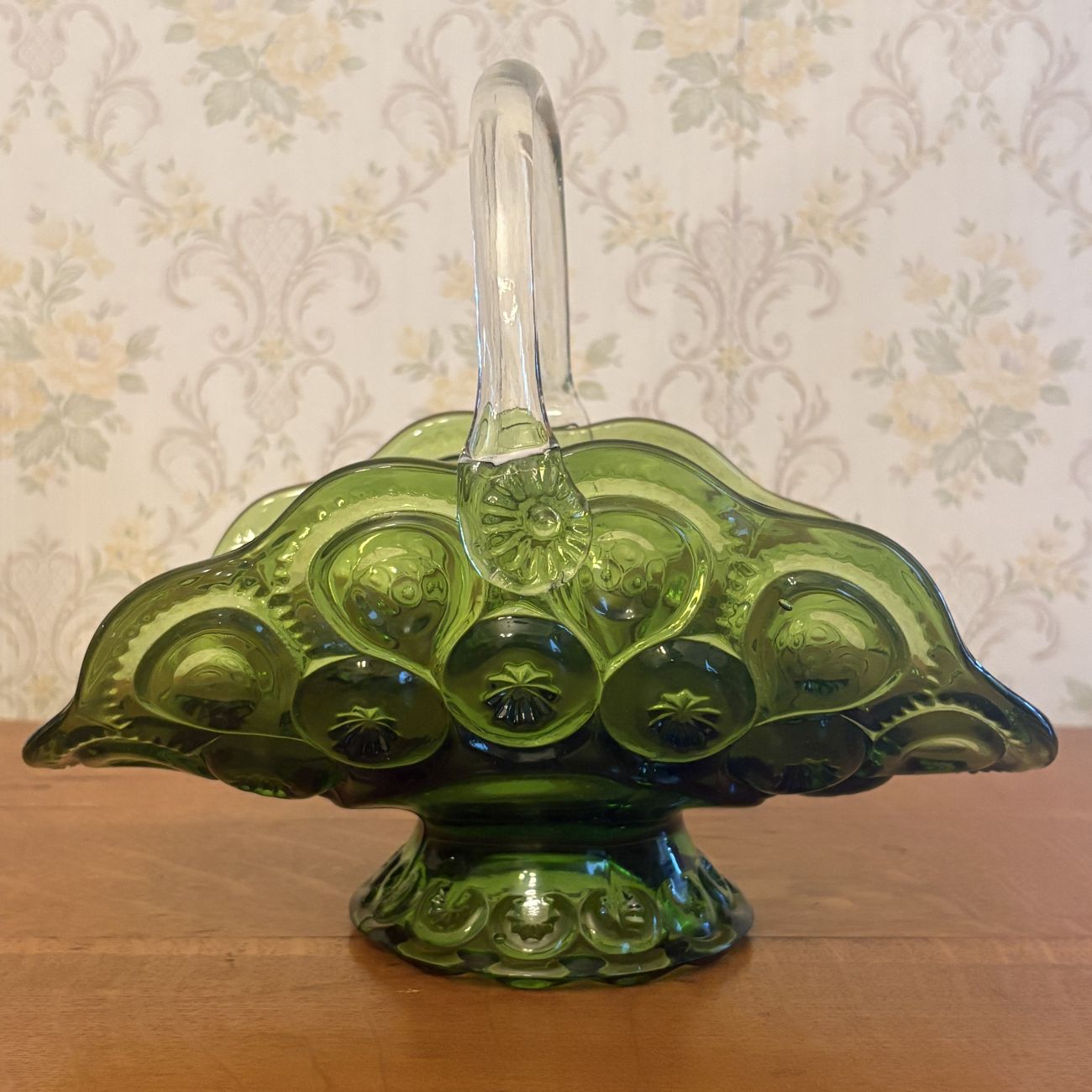 Vintage Olive Green Pressed Glass Moon and Star Pattern Basket with Applied Clear Handle