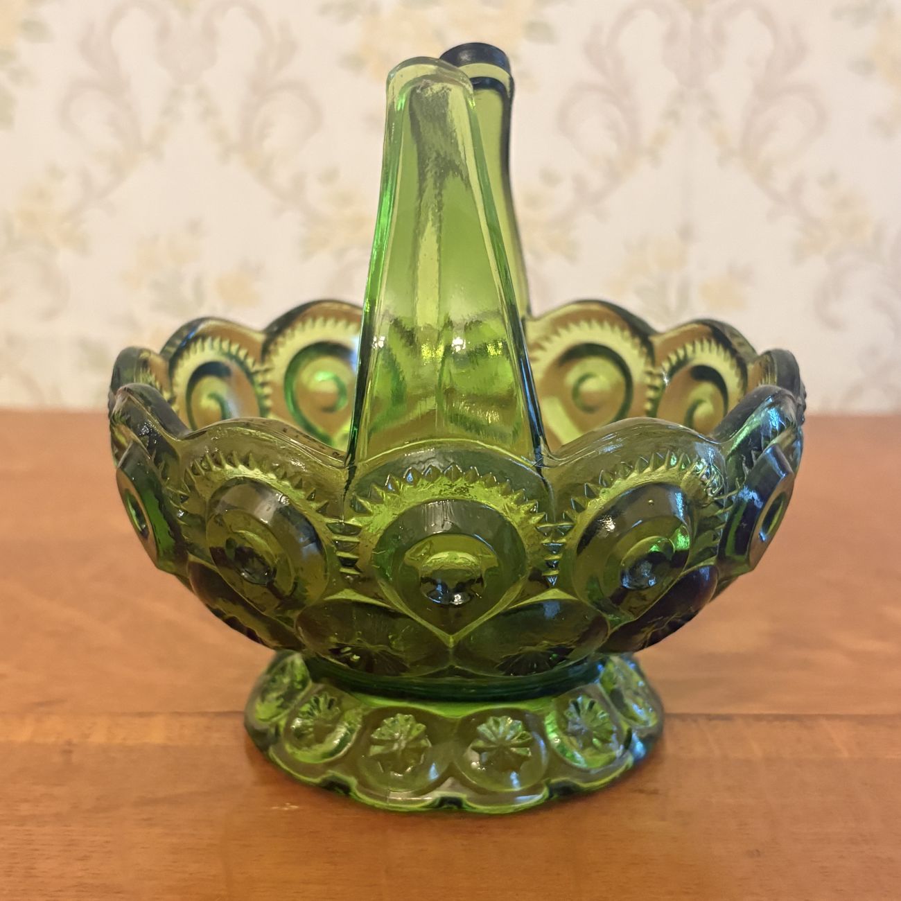Avocado Green Moon and Star Pattern Pressed Glass Split Handle Basket