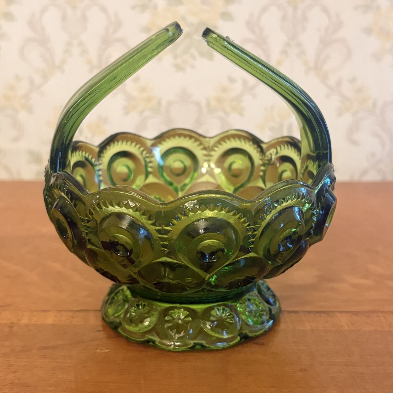 Avocado Green Moon and Star Pattern Pressed Glass Split Handle Basket