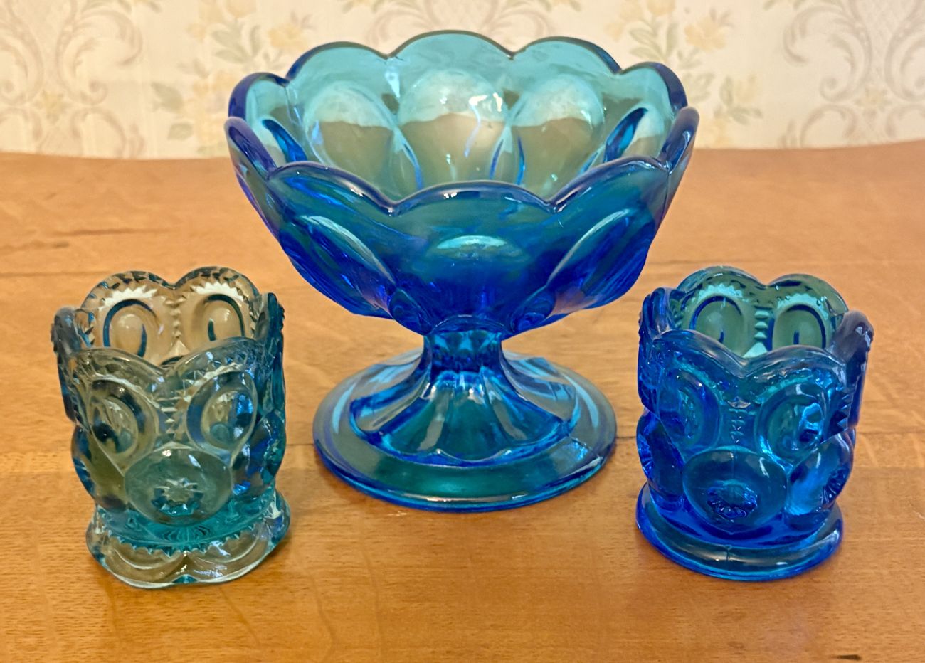 Three Blue Moon and Star Pattern Pressed Glass Tabletop Items