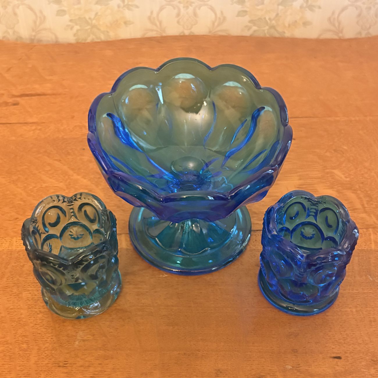 Three Blue Moon and Star Pattern Pressed Glass Tabletop Items