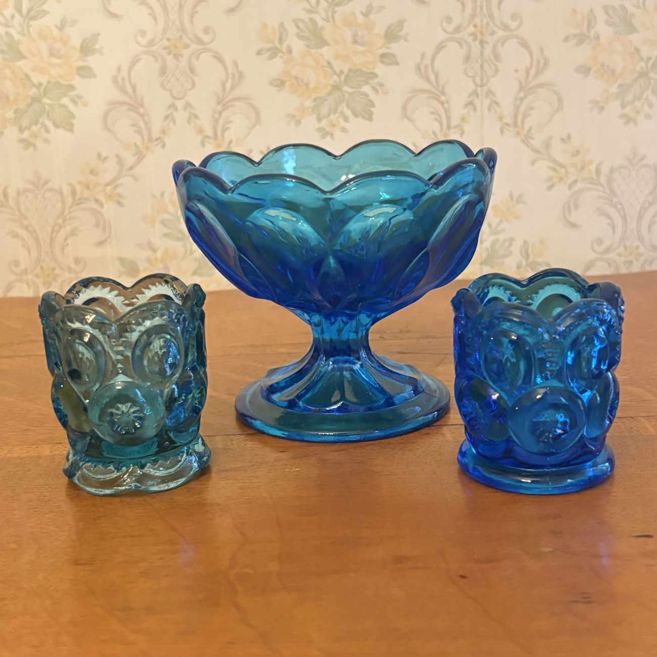 Three Blue Moon and Star Pattern Pressed Glass Tabletop Items