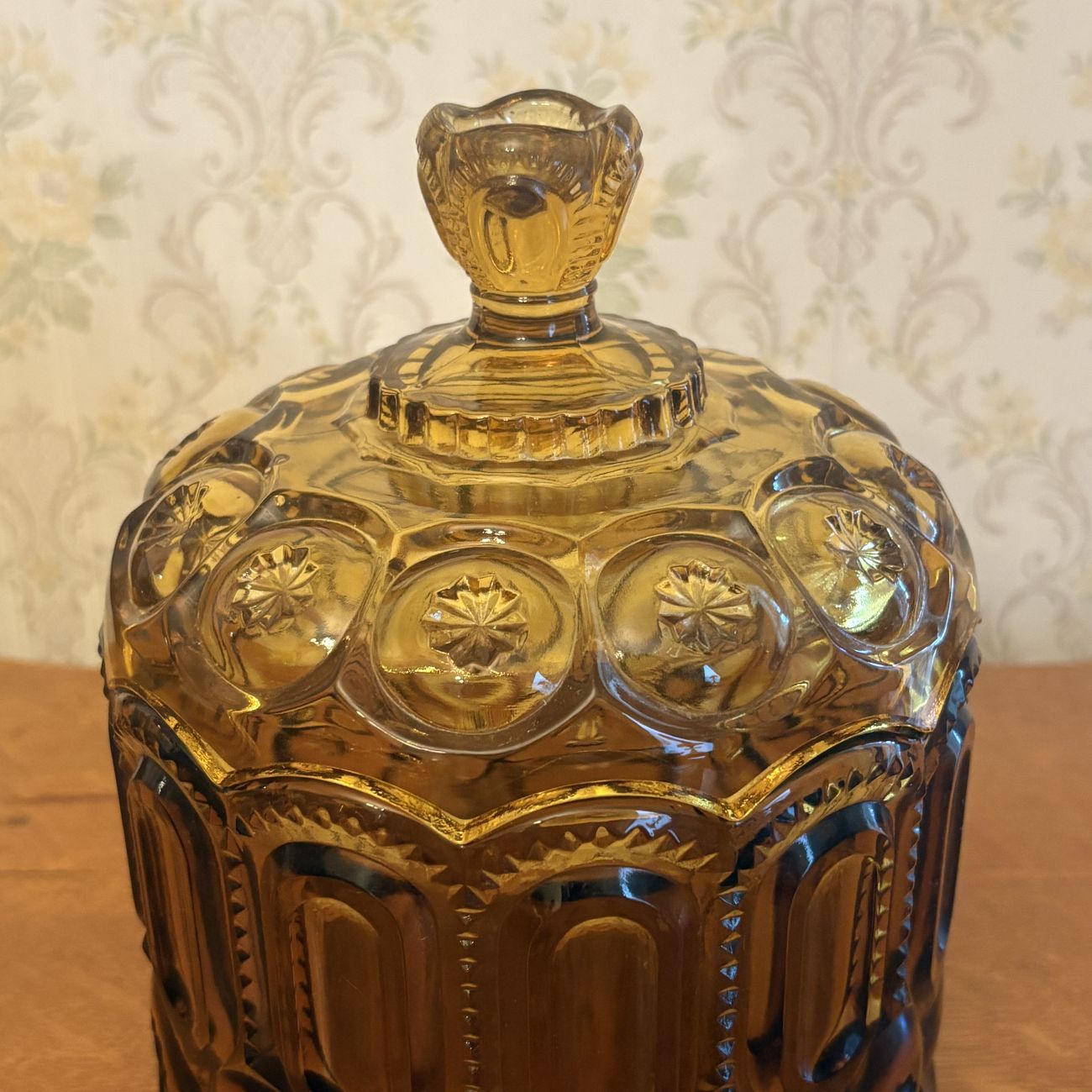 Vintage Moon and Star Pattern Amber Pressed Glass Biscuit Jar with Lid