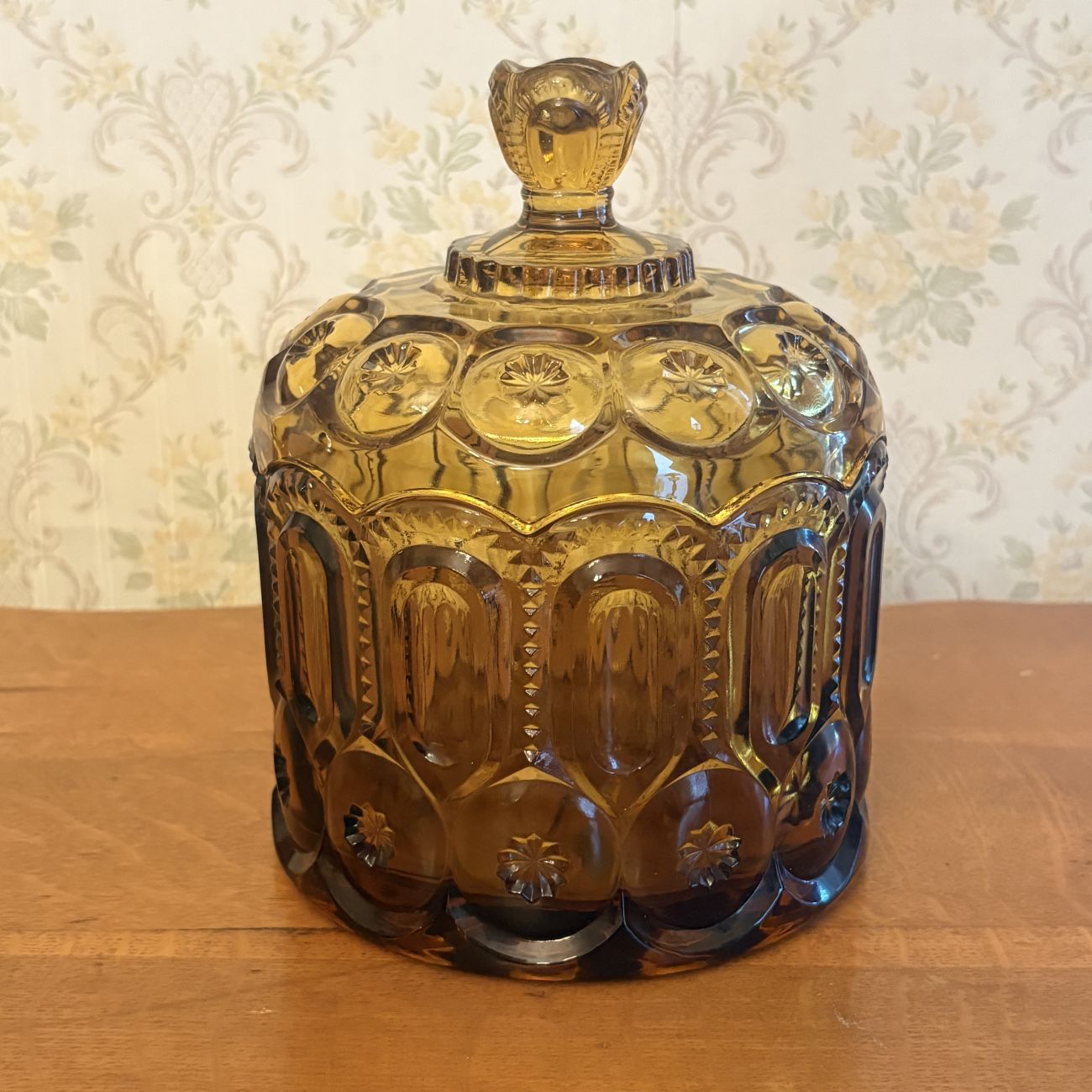 Vintage Moon and Star Pattern Amber Pressed Glass Biscuit Jar with Lid